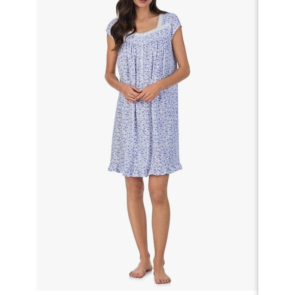 Eileen West Floral Cotton Jersey Knit Night Gown Women's Large Blue Ribbon Lace